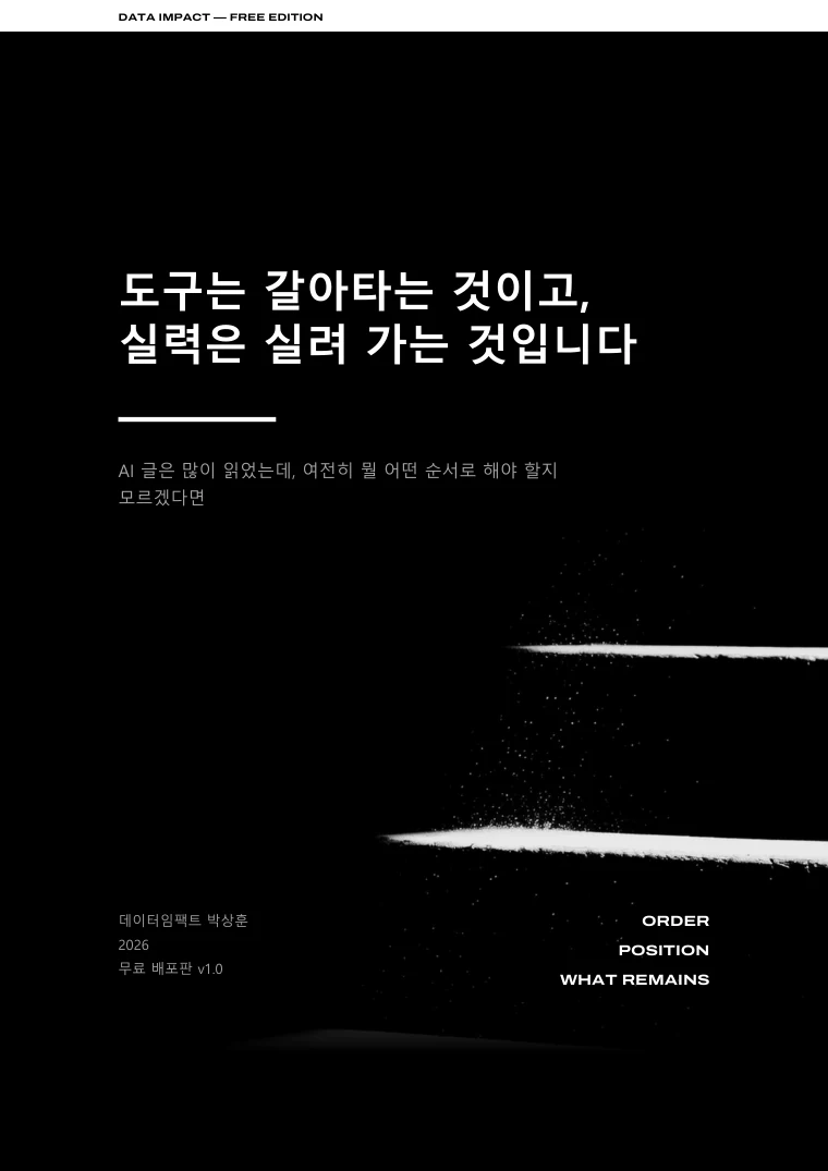 무료 이북 표지. 제목 「도구는 갈아타는 것이고, 실력은 실려 가는 것입니다」, 데이터임팩트 박상훈, 무료 배포판 v1.0.